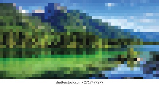 Uma representação pixelada de uma paisagem serena com colinas verdes que se encontram com um corpo de água azul calmo sob um céu claro.