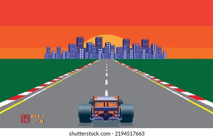 verpixelte Rennwagen-Formel für Retro-Rennwagen. Pixelstädtehintergrund