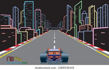 Pixelated retro arcade racing car formula. pixel night city background