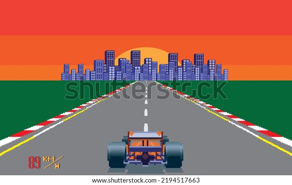 pixelated retro arcade racing car formula.\
pixel city\
background
