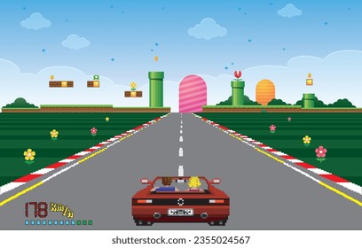 Pixelated retro arcade racing red car formula. pixel mario background