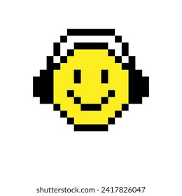 Pixelated retro emoji yellow smile illustration. Smiling head in headphones. Music lover. Retro game design. Eighties computer games 8 bit game. Consoles cartridge. Mosaic illustration isolated icon.