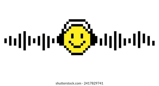 Pixelated retro emoji yellow smile illustration. Smiling head in headphones with the image of musical waves. Music lover. Retro game design. Eighties computer 8 bit game style. Radio or podcast listen