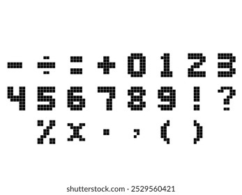 Pixelated retro font, digital numbers and symbols, 8-bit style, vintage typography, nostalgic design. Perfect for gaming, coding