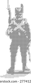 A pixelated retro halftone dotted dither soldier in monochrome vintage militaria style presented as a minimalist silhouette graphic. Ideal for abstract vector designs stencil posters or glitch-themed art featuring iconic army patterns in a re...