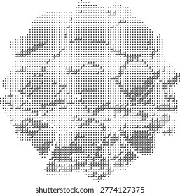 A pixelated retro halftone dotted dither portrait in monochrome black and white style featuring a vintage abstract minimalist pattern ideal for graphic design texture poster print and vector illustration projects with a retrostyle face effect