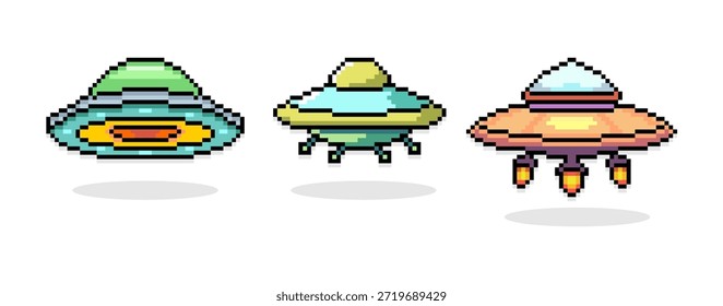 Pixelated retro UFO spaceship. Comic character of alien spaceship pixel.