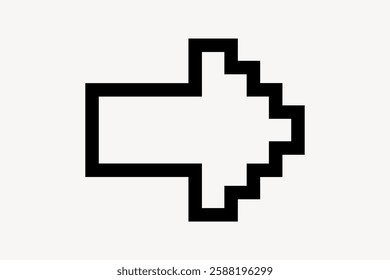 Pixelated right arrow icon, simple design. Right arrow in black, pixelated style. Minimalist right arrow, digital and pixelated. Classic pixel right arrow. Isolated vector element.