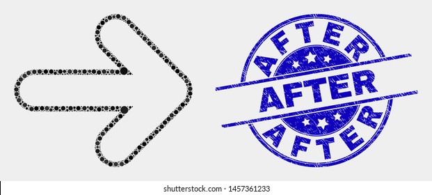 Pixelated Right Direction Arrow Mosaic Icon And After Watermark. Blue Vector Round Distress Watermark With After Message. Vector Combination In Flat Style.