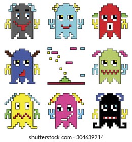 Pixelated robot emoticons 1 shooting spaceship element inspired by 90's computer games showing different emotions  
