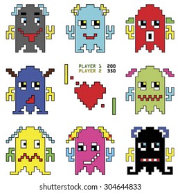 Pixelated robot emoticons 1 shooting spaceship element inspired by 90's computer games showing different emotions  
