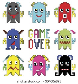 Pixelated robot emoticons with game over sign inspired by 90's computer games showing different emotions  
