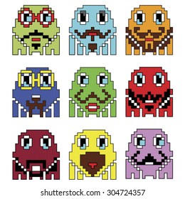 Pixelated robot Hipster 2 emoticons  inspired  by 90's vintage video computer  games showing vary emotions with stroke
