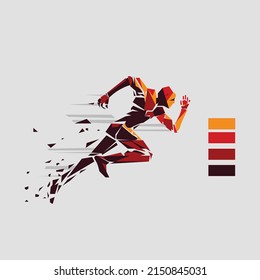 A Pixelated Robot Is Running Fast. It's Red And Yellow In Color. Very Similar To Iron Man. High-speed Robot Run. AI, Technology, Modern World Vector Art.