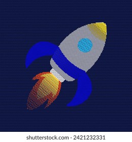 Pixelated rocket illustration. 8-bit spaceship isolated on bitmap background, vector illustration