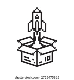 Lançamento de foguete Pixelizado a partir de uma caixa ilustração simples em preto e branco