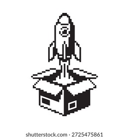 Una nave cohete pixelada lanzándose desde una ilustración de caja de cartón abierta