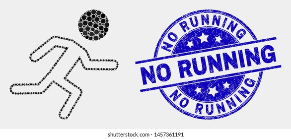 Pixelated running boy mosaic icon and No Running seal stamp. Blue vector rounded textured seal with No Running caption. Vector combination in flat style.