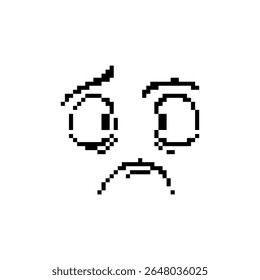Pixelated sad face icon in black and white, showing a worried expression with large eyes.