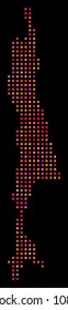 Pixelated Sakhalin Island map. Vector geographic plan in red color hues on a black background. Abstract concept of Sakhalin Island map formed with regular square small elements.