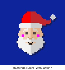 A pixelated Santa claus on a dark blue background. Santa Claus in pixel art on a blue background. The vector cap is red. Pixel Illustration EPS 10