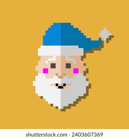 Pixelated Santa Claus on a yellow background. Graphic pixels of the EPS vector 10. Santa Claus with a blue hat on a yellow background. Illustration. Pixel graphics.