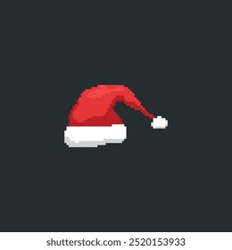 Ilustración de sombrero de Papá Noel pixelado. Simple pixel art de un sombrero rojo de Santa con adornos blancos sobre un fondo oscuro.