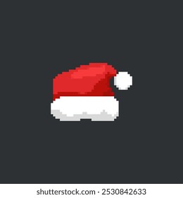 Pixelated Santa hat illustration. Simple pixel art of a red Santa hat with white trim on a dark background.