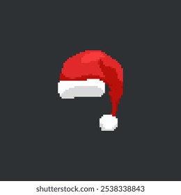 Pixelated Santa hat illustration. Simple pixel art of a red Santa hat with white trim on a dark background.