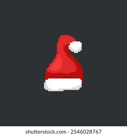 Pixelated Santa hat illustration. Simple pixel art of a red Santa hat with white trim on a dark background.