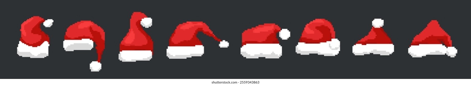 Pixelated Santa hat illustration. Simple pixel art of a red Santa hat with white trim on a dark background.