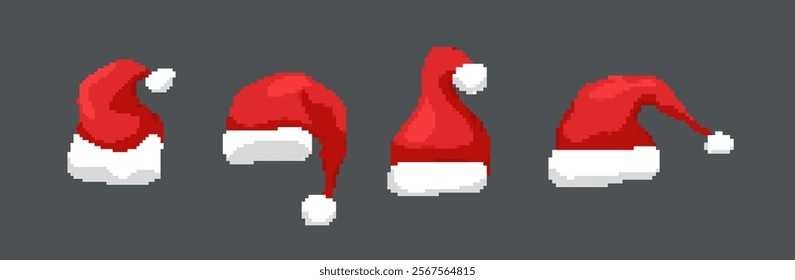 Pixelated Santa hat illustration. Simple pixel art of a red Santa hat with white trim on a dark background.