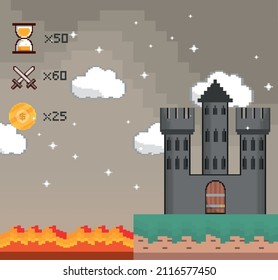 pixelated scene with castle, video game