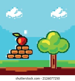 pixelated screen for mobile game with apple and tree