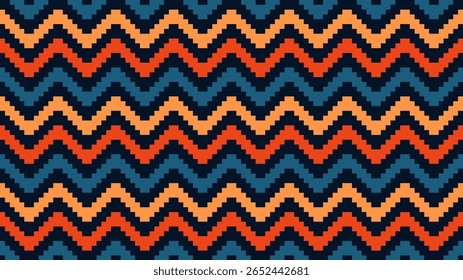 Pixelated seamless pattern creating wavy lines with red, orange and blue colors on a dark background