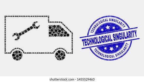 Pixelated service van mosaic icon and Technological Singularity seal stamp. Blue vector round scratched stamp with Technological Singularity phrase. Vector composition in flat style.