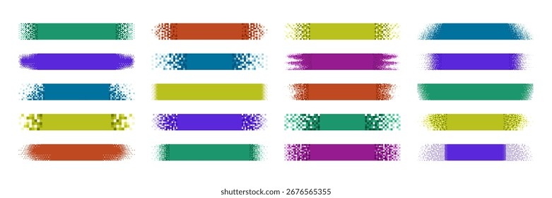 Pixelated shapes. Colorful 8 bit pixel gradient banners, bitmap strip designs with fading pixel edges, Retro digital glitch style horizontal backgrounds vector set.