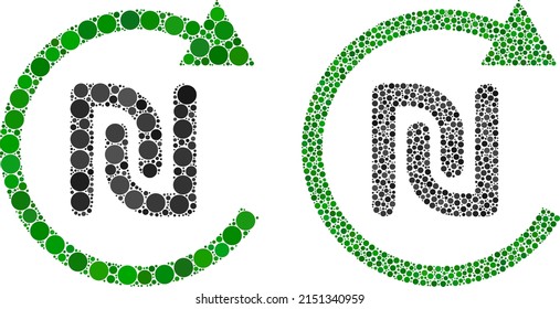 Pixelated shekel repay icon. Collage shekel repay icon composed of round parts in variable sizes and color tinges. Vector round spots are composed into composition shekel repay icon.