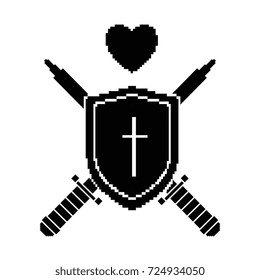 pixelated shield with sword and heart game icon