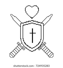 pixelated shield with sword and heart game icon