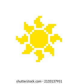 Pixelated shine sun hot weather icon design. Pixel icon of Sun. Star of planet earth. Astronomy, observation of sun activity and weather. Simple retro game vector isolated on white background