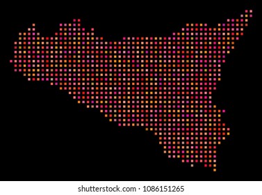 Pixelated Sicilia map. Vector geographical map in red color tones on a black background. Abstract pattern of Sicilia map composed from regular square cells.