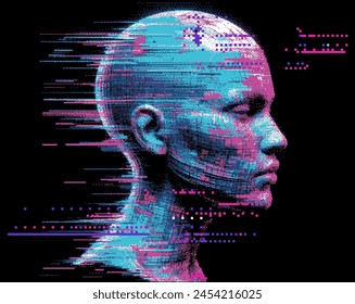 Silueta pixelada de una cabeza humana 3D en colores neón sobre un fondo oscuro. Ilustración vectorial conceptual sobre el hombre en la era de la tecnología. 