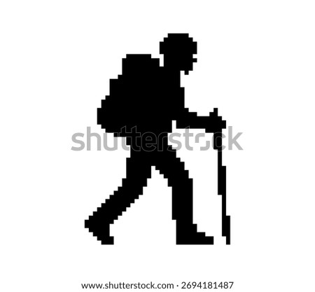 Pixelated Silhouette of a Backpacker Walking with Trekking Pole Against White