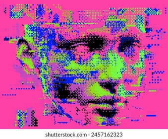 Silueta pixelada de una persona en colores neón. Ilustración vectorial conceptual sobre el ser humano en la era de la tecnología. 