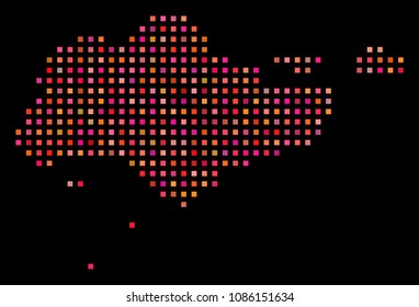 Pixelated Singapore map. Vector geographical plan in red color shades on a black background. Abstract pattern of Singapore map formed of regular square points.
