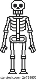 Pixelated skeleton figure in 8 bit style retro 8bit