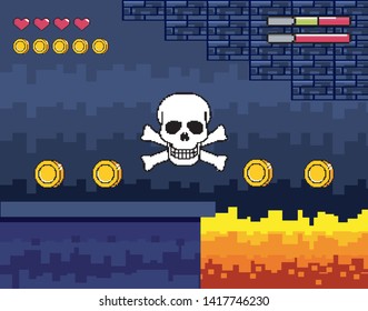 pixelated skull bones danger sign with coins and life bars