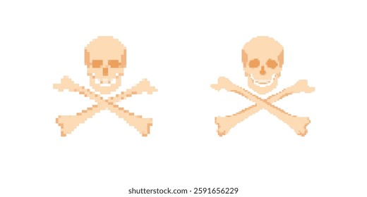 Pixelated skull and crossbones icon in two styles; ideal for use in digital design projects.