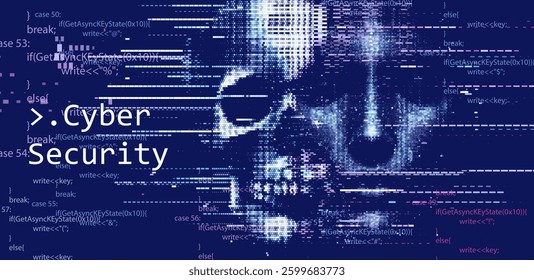Pixelated skull made of code fragments symbolizes cyber threats. The text "Cyber Security" highlights the theme of digital protection against hacking, malware, and data breaches.
